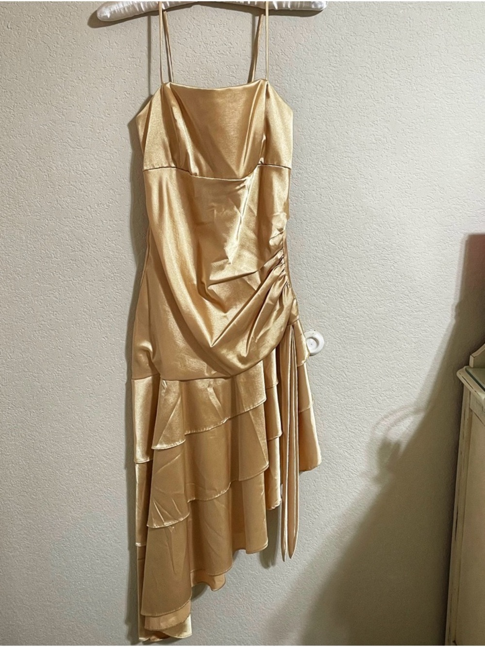 Vintage Bora USA Gold Satin Ruffle Slip Dress - Elegant Evening Dress